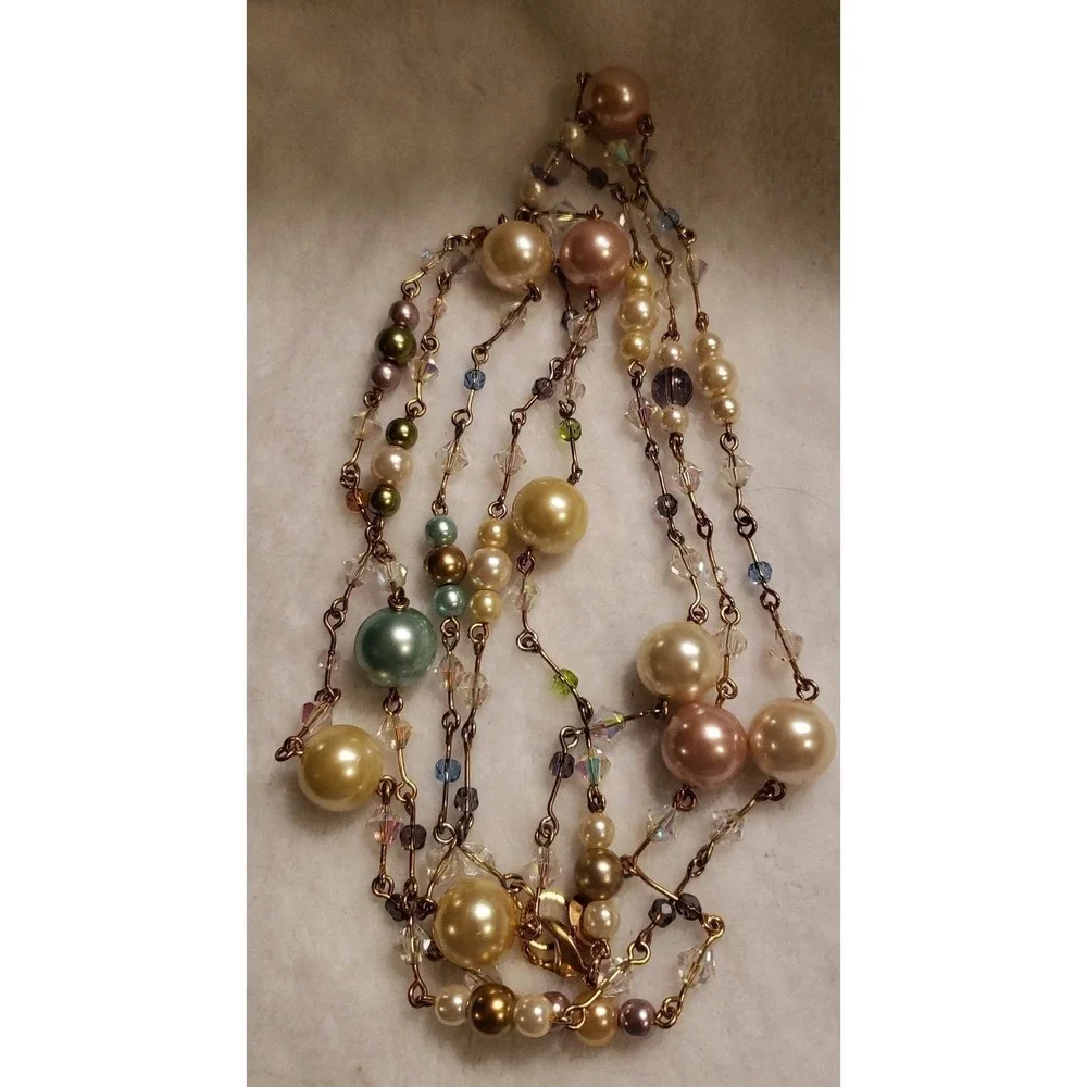 Joan Rivers Signed, Retired Pastel Pearl and Crystal Long Necklace - Picture 2 of 5